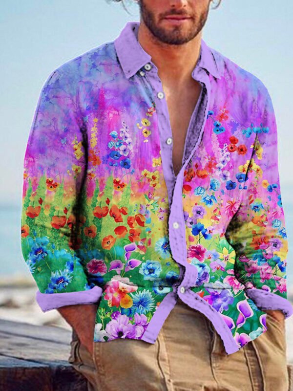 Color Matching Bamboo Linen Printed Men's Shirt - Image 4
