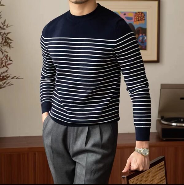 Business Commute Striped Design Contrast Color Long Sleeves Knitwear - Image 3
