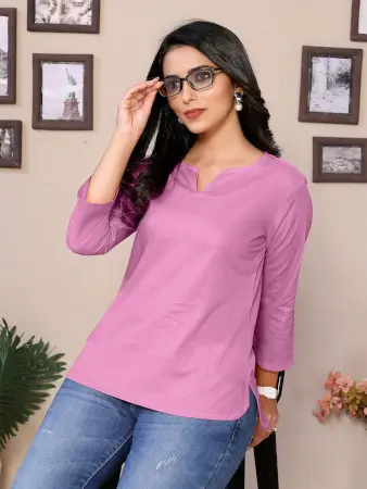 Baby Pink Cotton Round V-Neck Neck Hip Length 3/4 Sleeve Tunic For Women ( pink, XS )