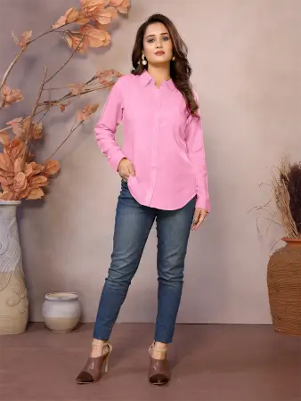 Golden Pure Viscose Collared Neck Hip Length Half Sleeve Shirt For Women ( pink, XS )