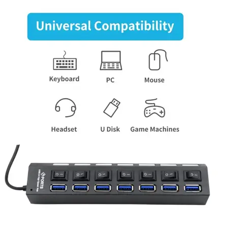 USB Splitter Multi Port USB 2.0 Hub, 7 Port with Independent On/Off Switch and LED Indicators USB A Port Data Hub, Suitable for PC Computer Keyboard Laptop Mobile HDD, Flash Drive Camera etc.
