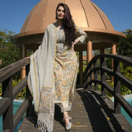 Women Yellow Printed Viscose Rayon Kurta, Pant And Dupatta Set ( beige, S )