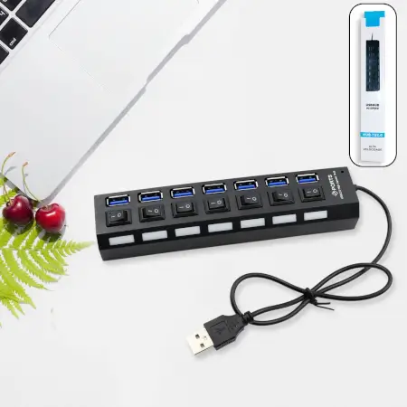 USB Splitter Multi Port USB 2.0 Hub, 7 Port with Independent On/Off Switch and LED Indicators USB A Port Data Hub, Suitable for PC Computer Keyboard Laptop Mobile HDD, Flash Drive Camera etc.