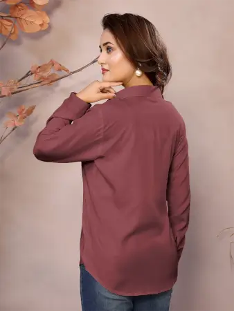 Golden Pure Viscose Collared Neck Hip Length Half Sleeve Shirt For Women ( maroon, XS )