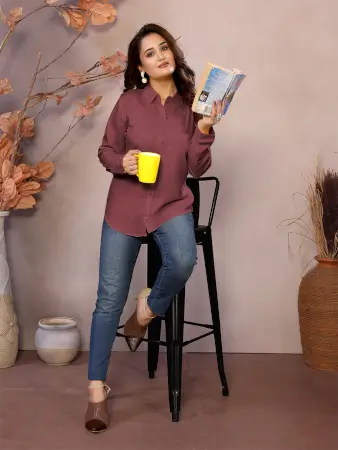 Golden Pure Viscose Collared Neck Hip Length Half Sleeve Shirt For Women ( maroon, XS )