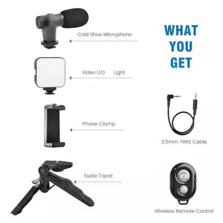 Vlogging Kit for Video Making with Mic Mini Tripod Stand, LED Light & Phone Holder Clip for Making Videos ( default, Standard ).