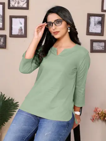 Baby Pink Cotton Round V-Neck Neck Hip Length 3/4 Sleeve Tunic For Women ( green, XS )