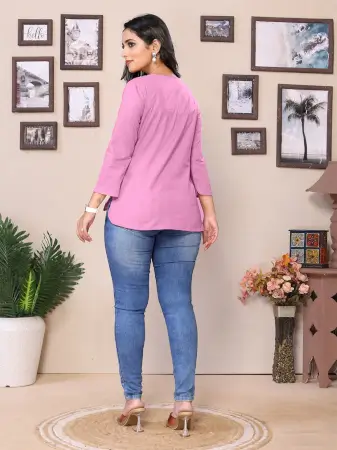 Baby Pink Cotton Round V-Neck Neck Hip Length 3/4 Sleeve Tunic For Women ( pink, XS )