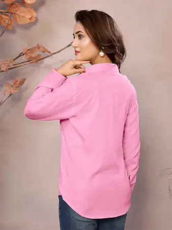 Golden Pure Viscose Collared Neck Hip Length Half Sleeve Shirt For Women ( pink, XS )