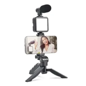 Vlogging Kit for Video Making with Mic Mini Tripod Stand, LED Light & Phone Holder Clip for Making Videos ( default, Standard ).