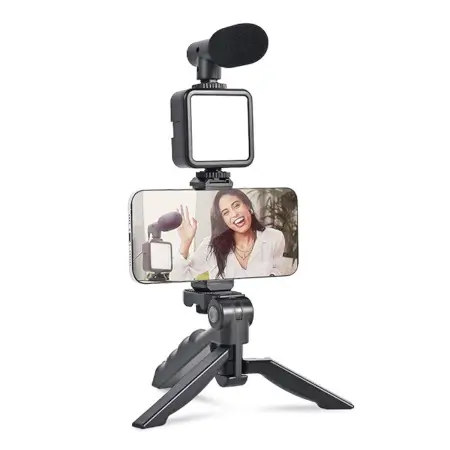 Vlogging Kit for Video Making with Mic Mini Tripod Stand, LED Light & Phone Holder Clip for Making Videos ( default, Standard ).