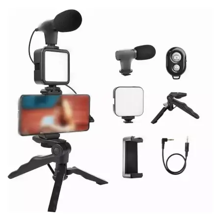 Vlogging Kit for Video Making with Mic Mini Tripod Stand, LED Light & Phone Holder Clip for Making Videos ( default, Standard ).